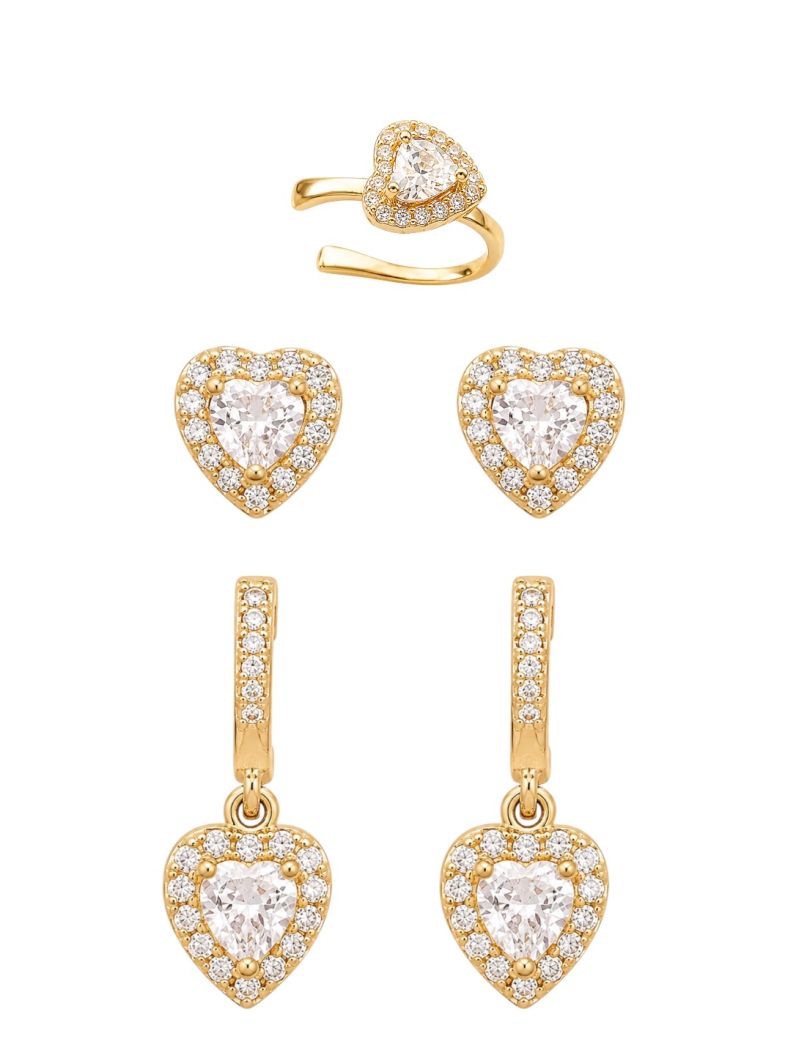 Kit Brinco e Piercing Folheado a Ouro 18k e Prata Coração Cristal
