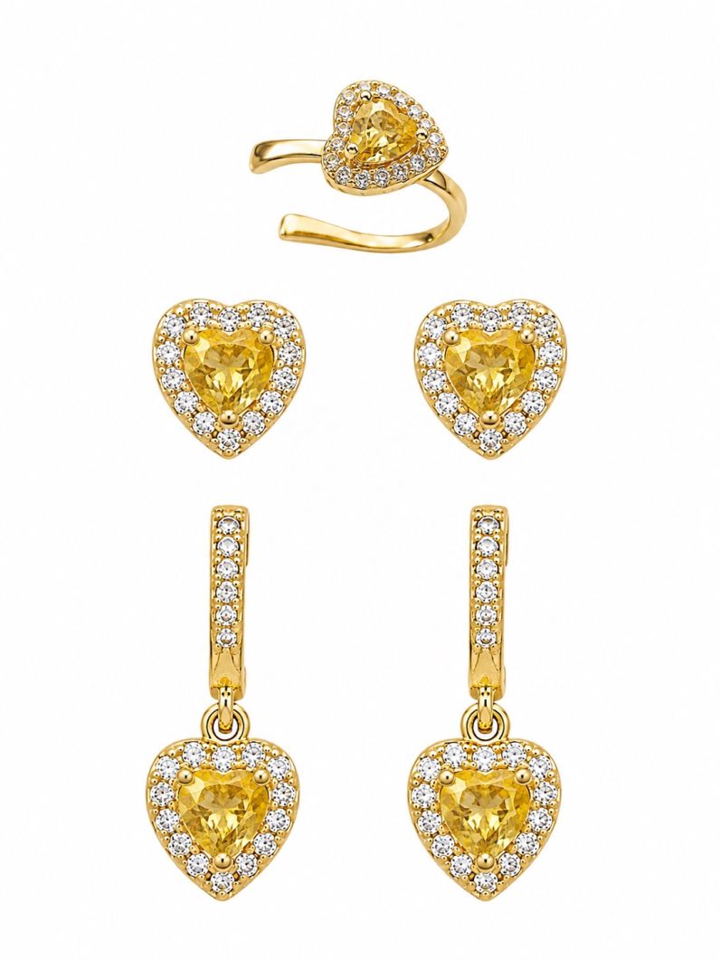Kit Brinco e Piercing Folheado a Ouro 18k e Prata Coração Cristal