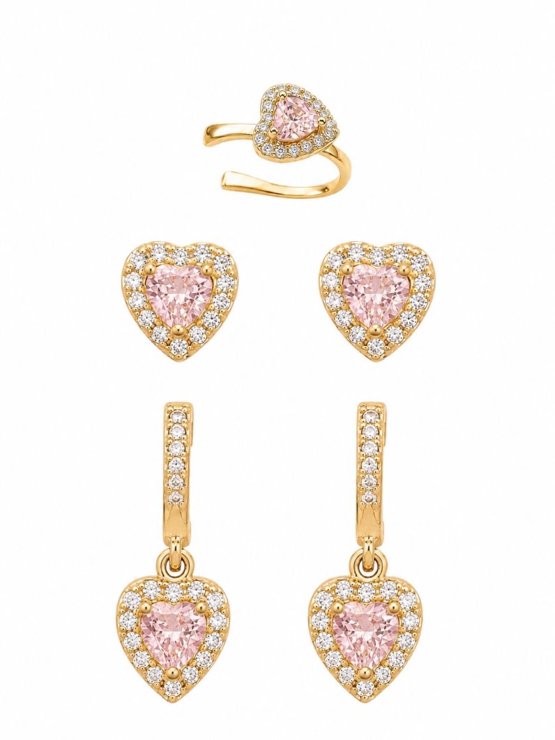 Kit Brinco e Piercing Folheado a Ouro 18k e Prata Coração Cristal