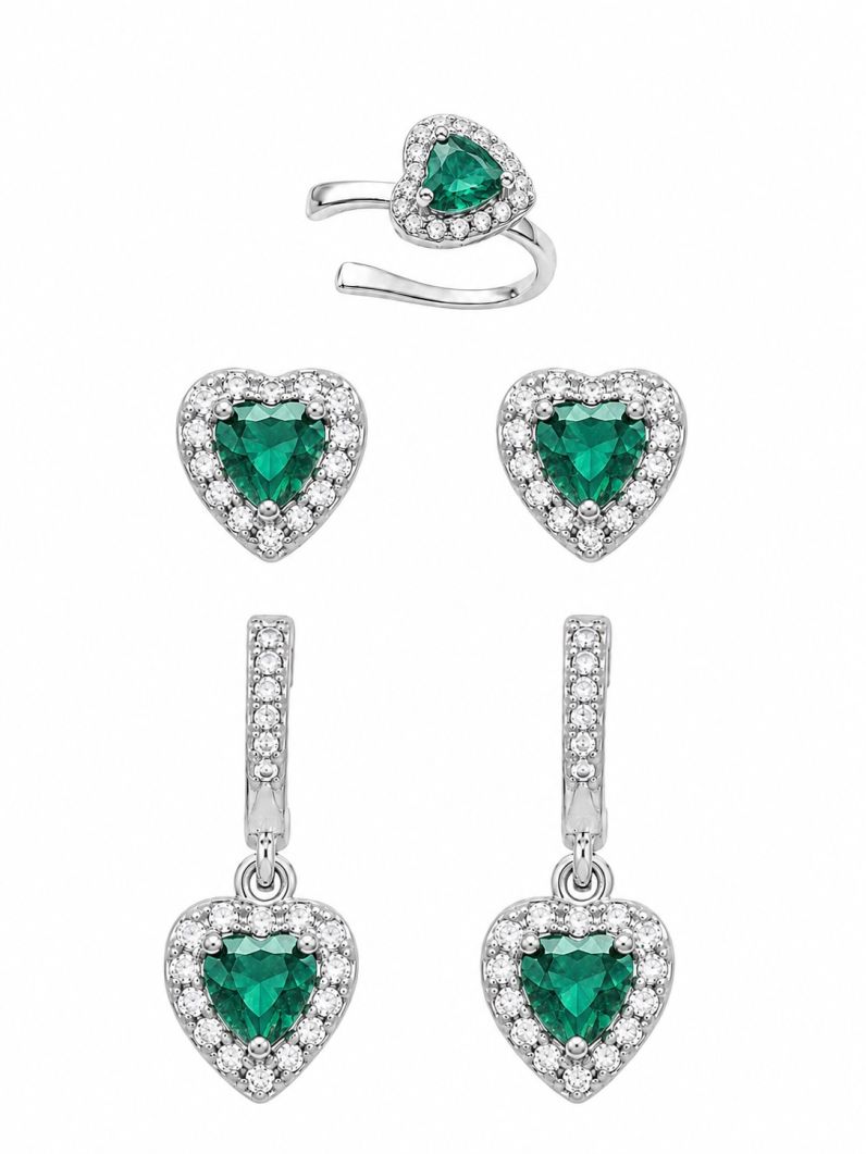Kit Brinco e Piercing Folheado a Ouro 18k e Prata Coração Cristal