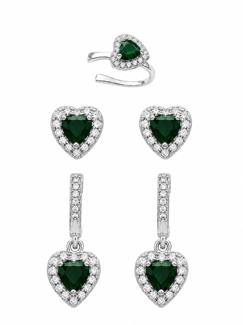 Kit Brinco e Piercing Folheado a Ouro 18k e Prata Coração Cristal