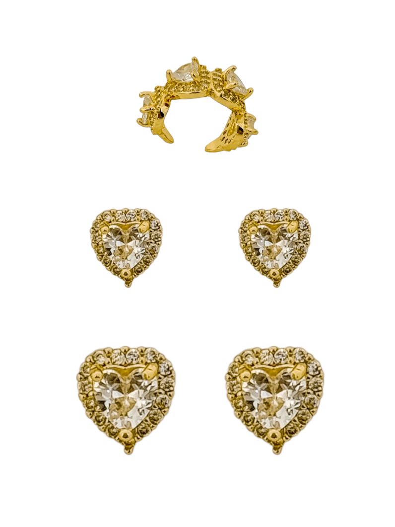 Kit Brinco e Piercing Folheado a Ouro 18k e Prata Design Corações