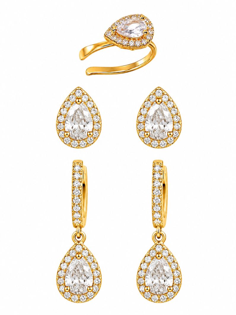 Kit Brinco e Piercing Folheado a Ouro 18k e Prata Gota Cristal
