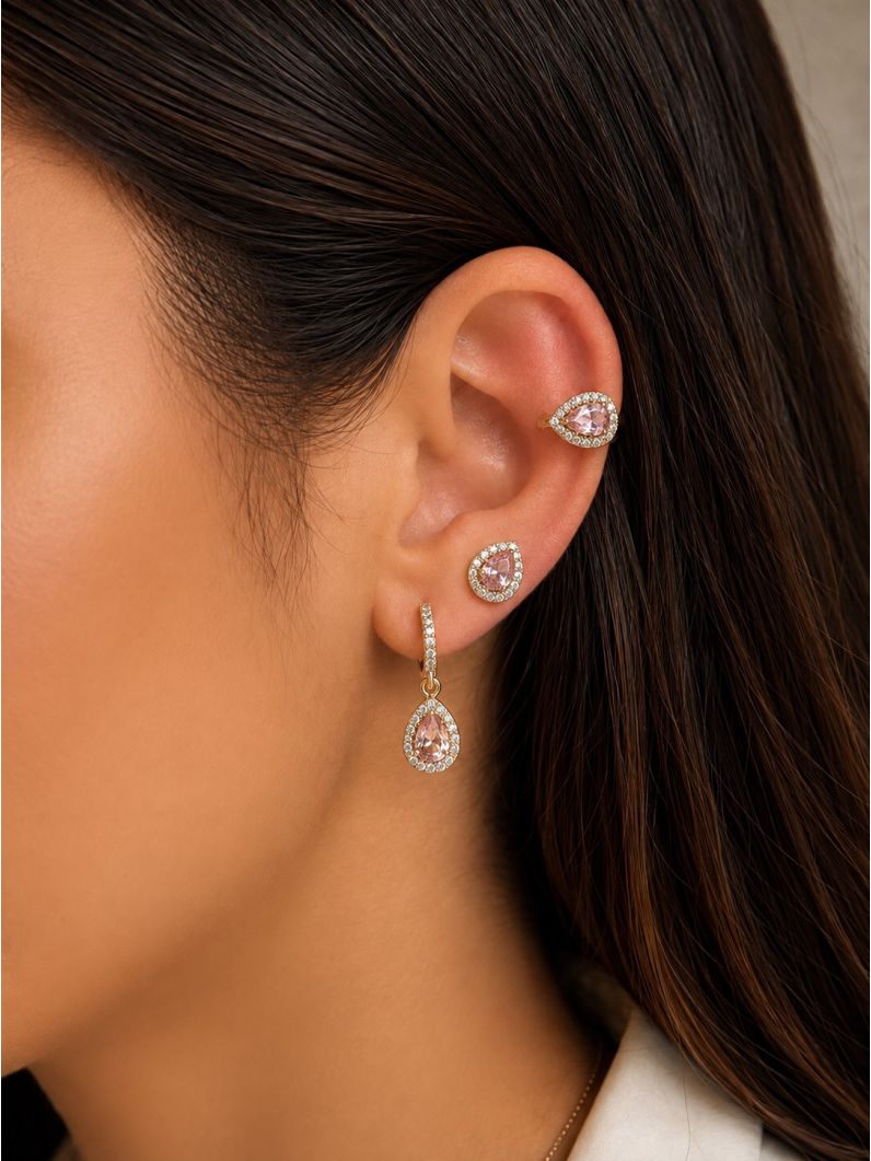 Kit Brinco e Piercing Folheado a Ouro 18k e Prata Gota Cristal