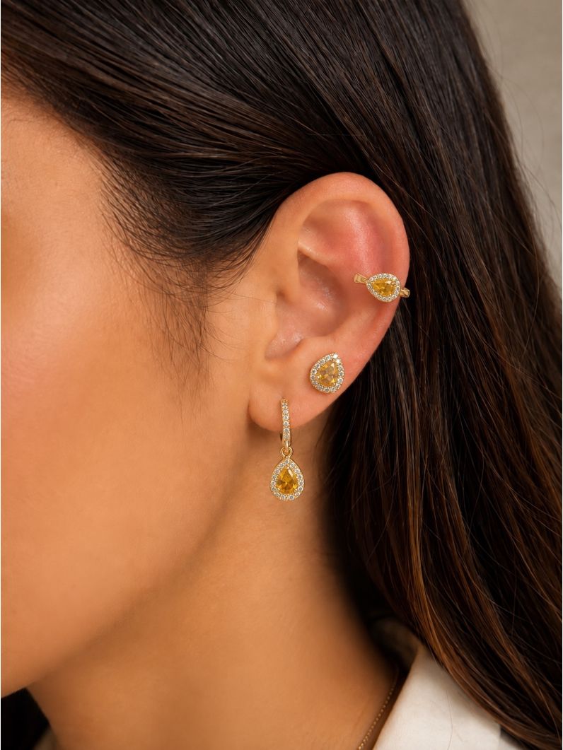 Kit Brinco e Piercing Folheado a Ouro 18k e Prata Gota Cristal