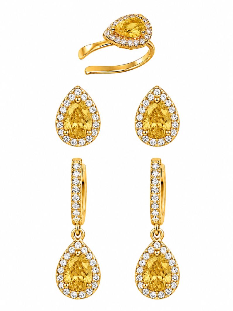 Kit Brinco e Piercing Folheado a Ouro 18k e Prata Gota Cristal