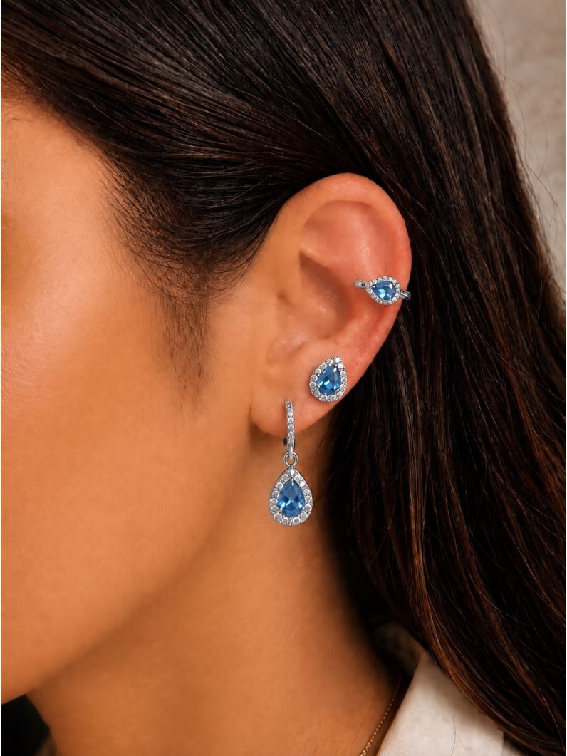 Kit Brinco e Piercing Folheado a Ouro 18k e Prata Gota Cristal
