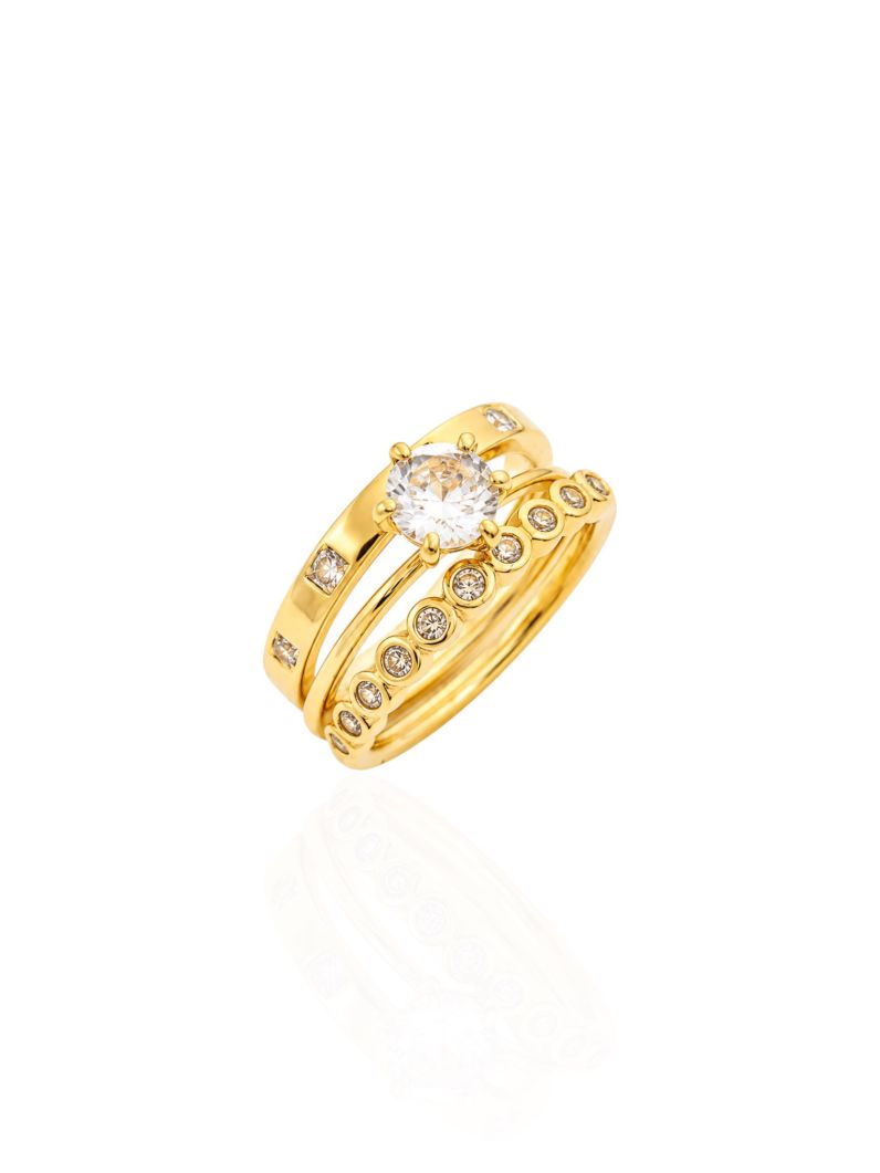 Kit de Aneis Folheado a Ouro 18k e Prata Zircônias e Cristais