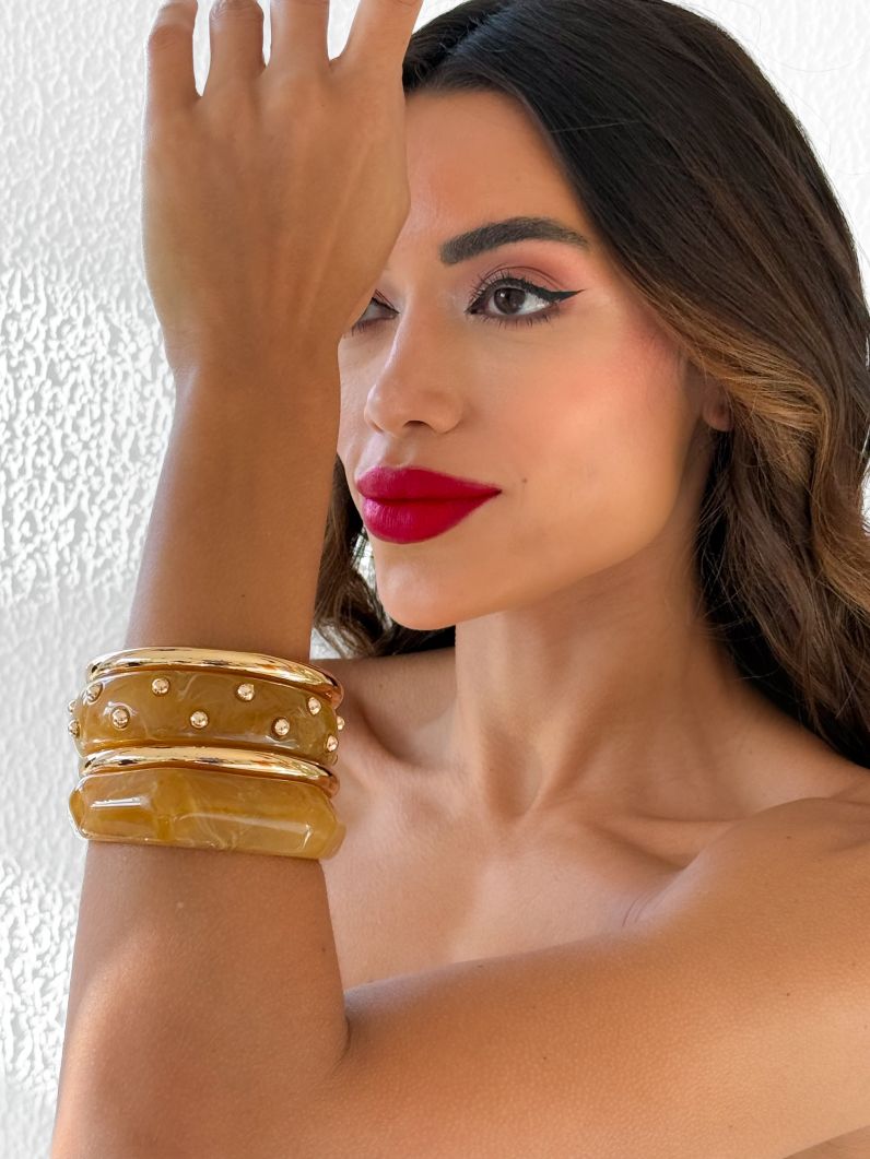 Kit de Braceletes Folheado a Ouro 18k Liso e Resinado