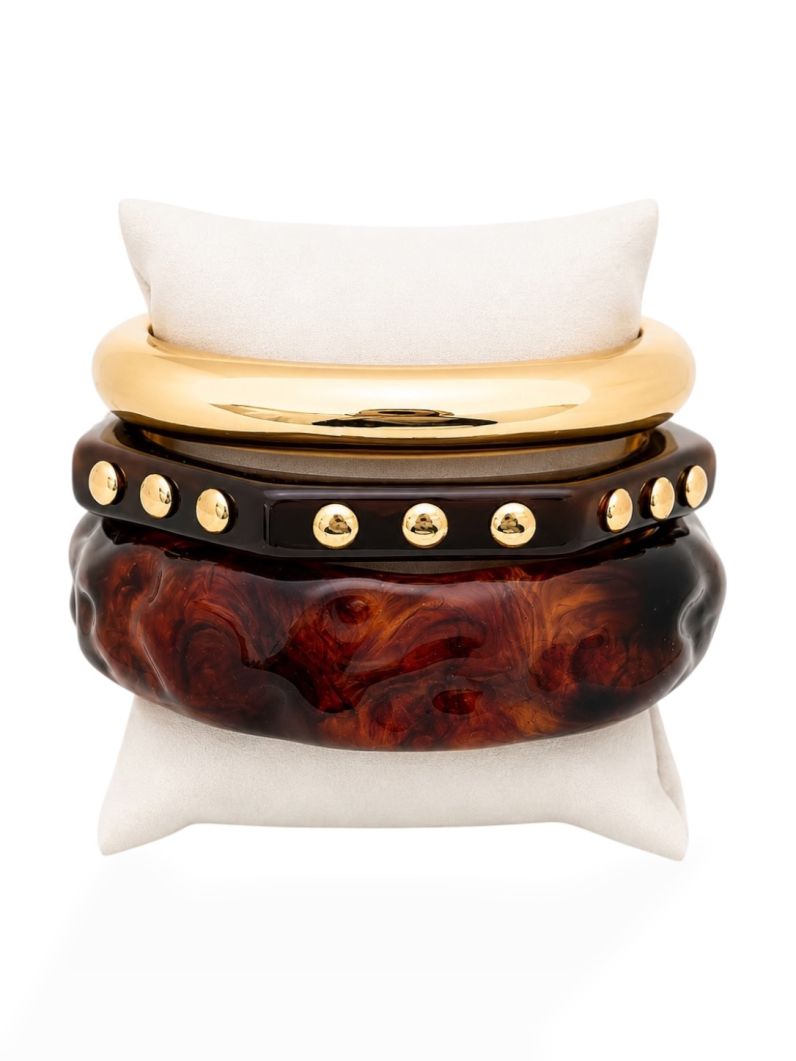 Kit de Braceletes Folheado a Ouro 18k Resinado e Liso Formas