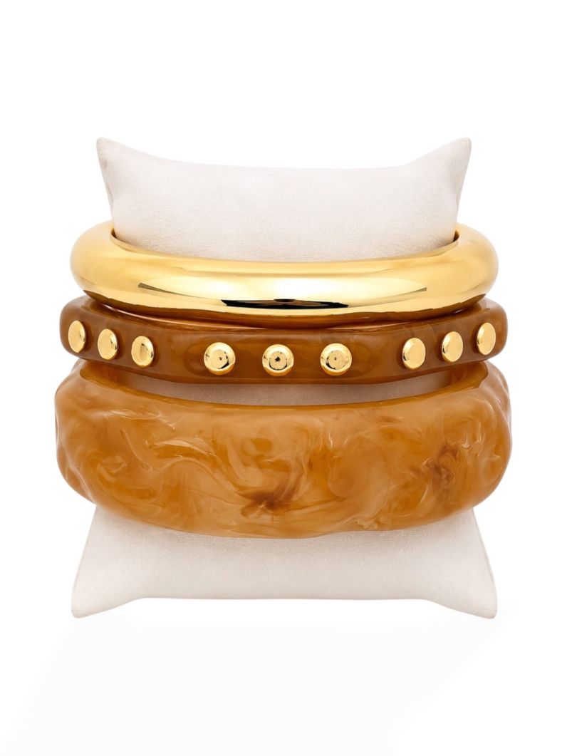Kit de Braceletes Folheado a Ouro 18k Resinado e Liso Formas