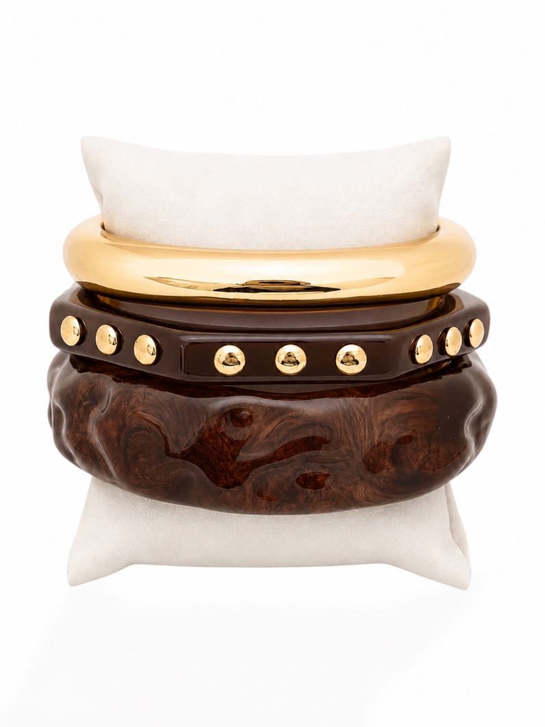 Kit de Braceletes Folheado a Ouro 18k Resinado e Liso Formas