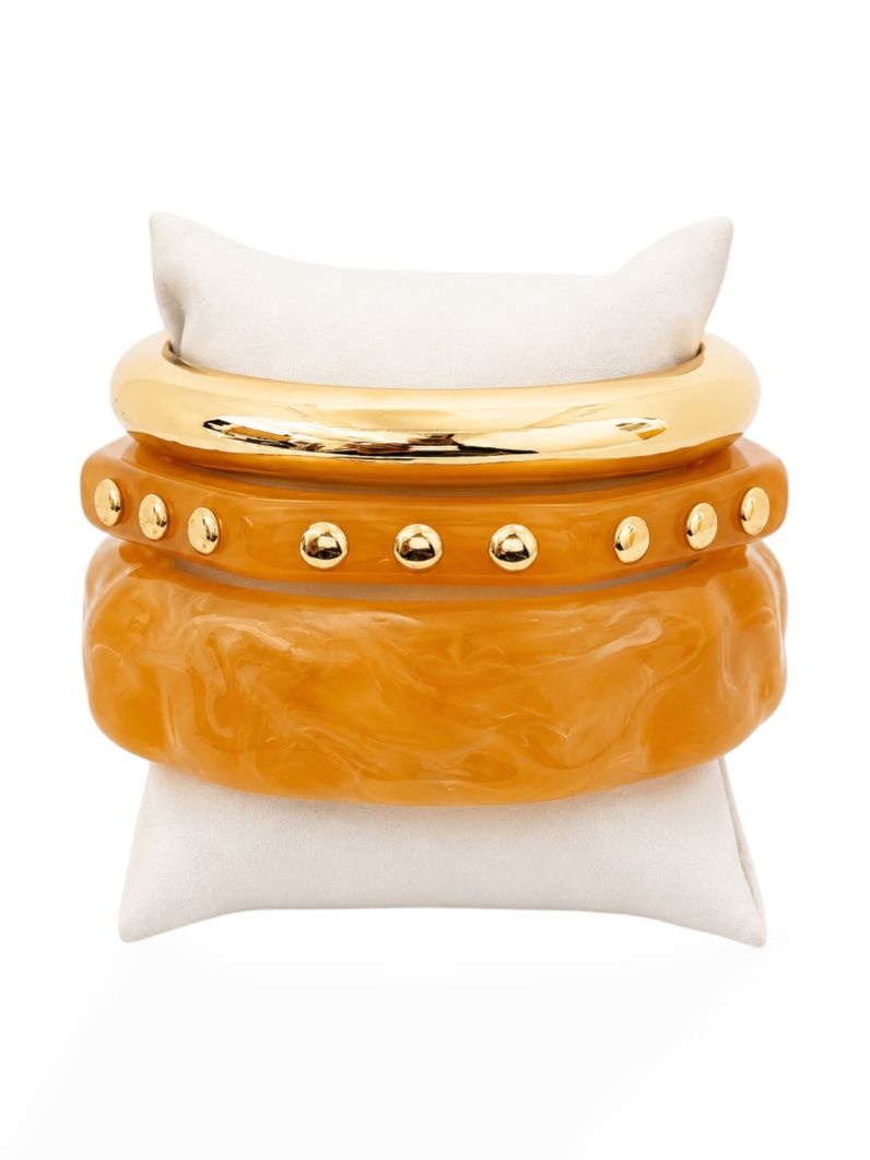 Kit de Braceletes Folheado a Ouro 18k Resinado e Liso Formas