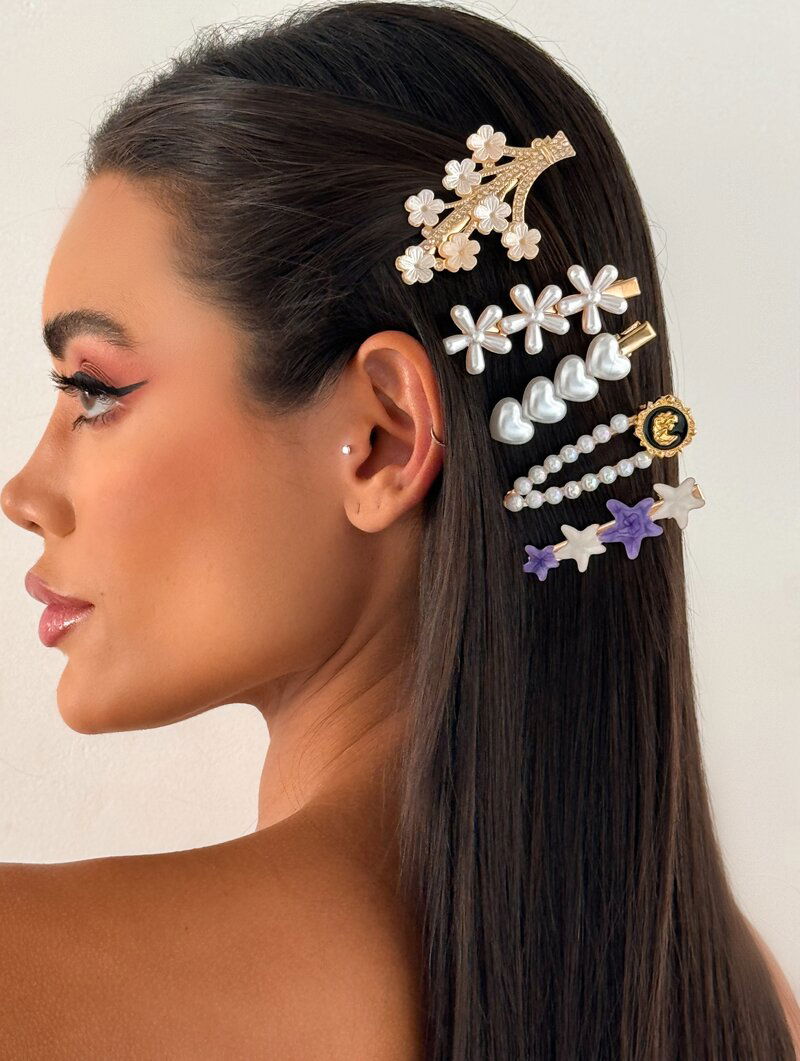 Kit de Presilhas Folheada a Ouro 18k e Prata Corações, Flores e Pérolas