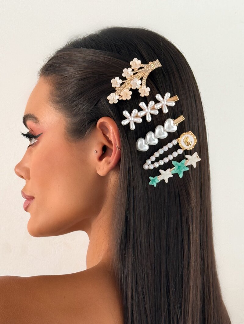 Kit de Presilhas Folheada a Ouro 18k e Prata Corações, Flores e Pérolas