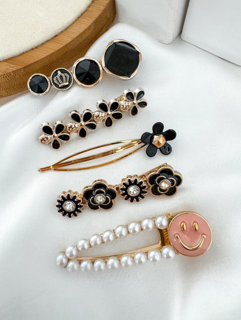 Kit de Presilhas Folheada a Ouro 18k Flores e Smile