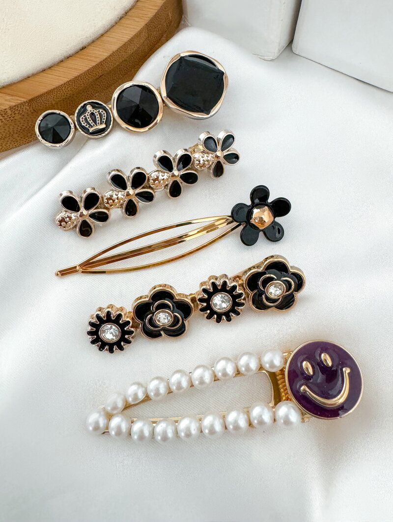 Kit de Presilhas Folheada a Ouro 18k Flores e Smile