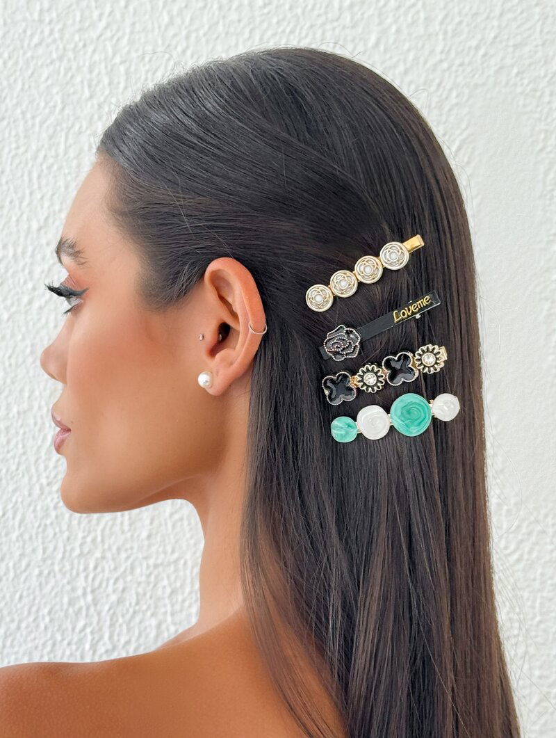 Kit Presilha Folheado a Ouro 18k e Prata Resina, Botton e Flowers