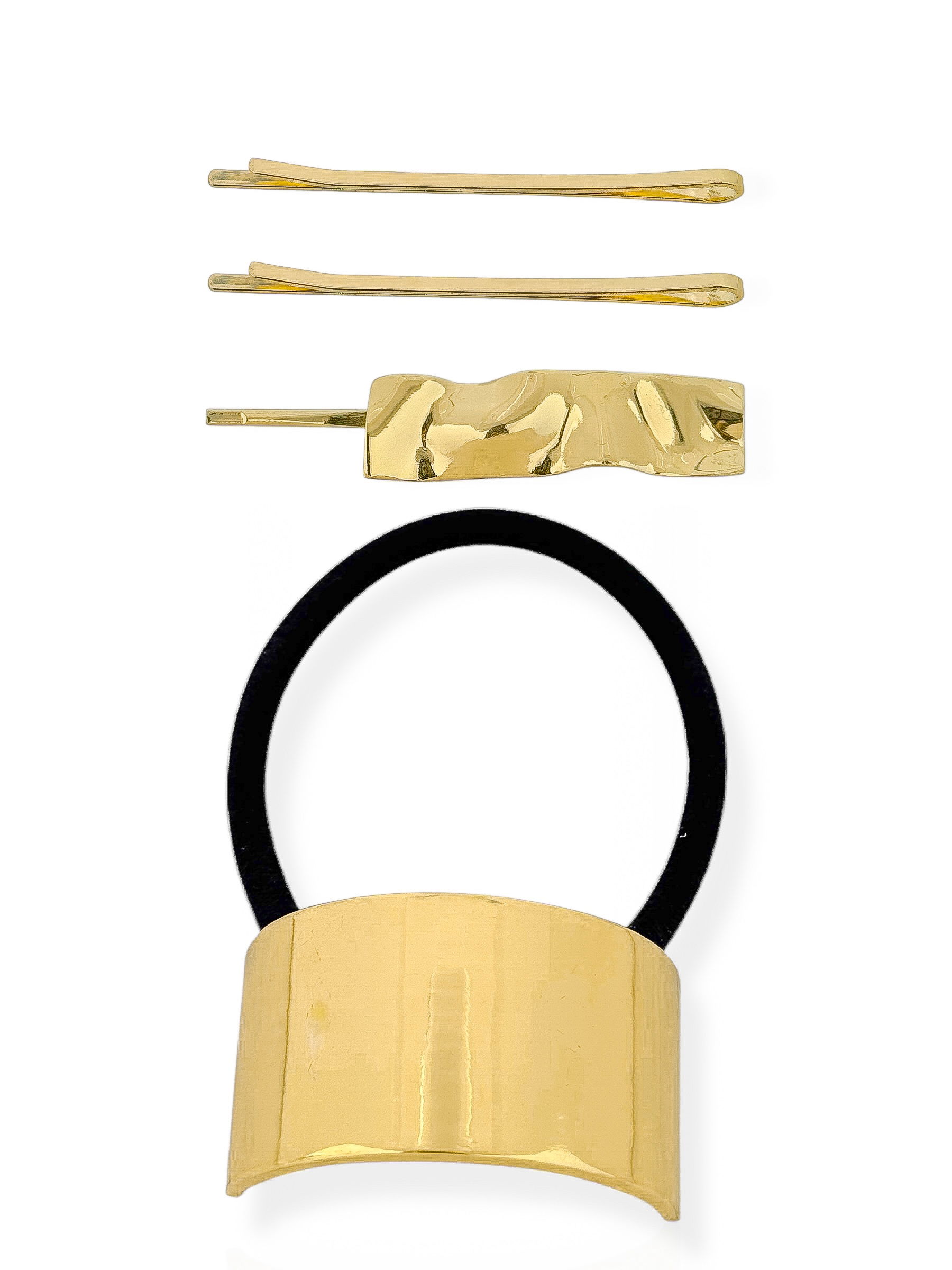 Kit Presilha Folheado Ouro 18k e Prata Liso Ondulado e Placa Martelada