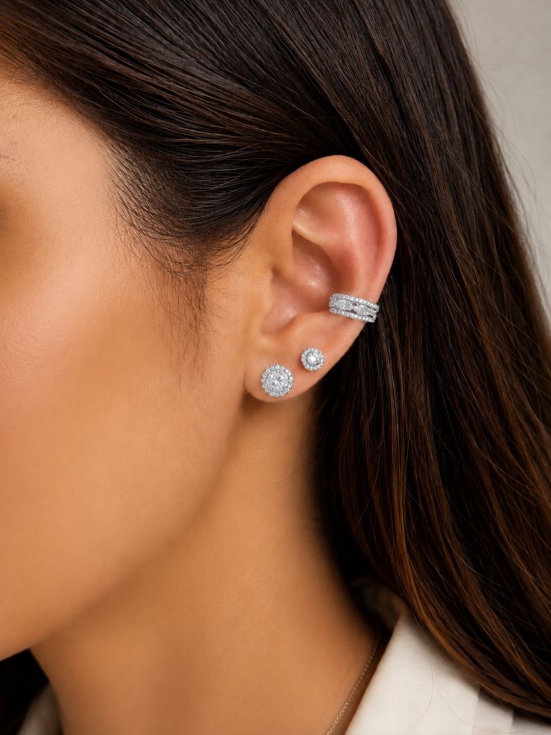 Kit Trio de Brinco e Piercing Folheado a Ouro 18k e Prata Ponto de Luz