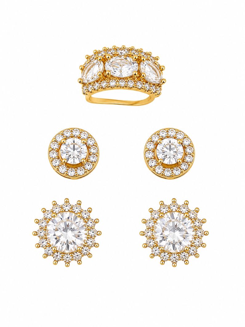 Kit Trio de Brinco e Piercing Folheado a Ouro 18k e Prata Ponto de Luz