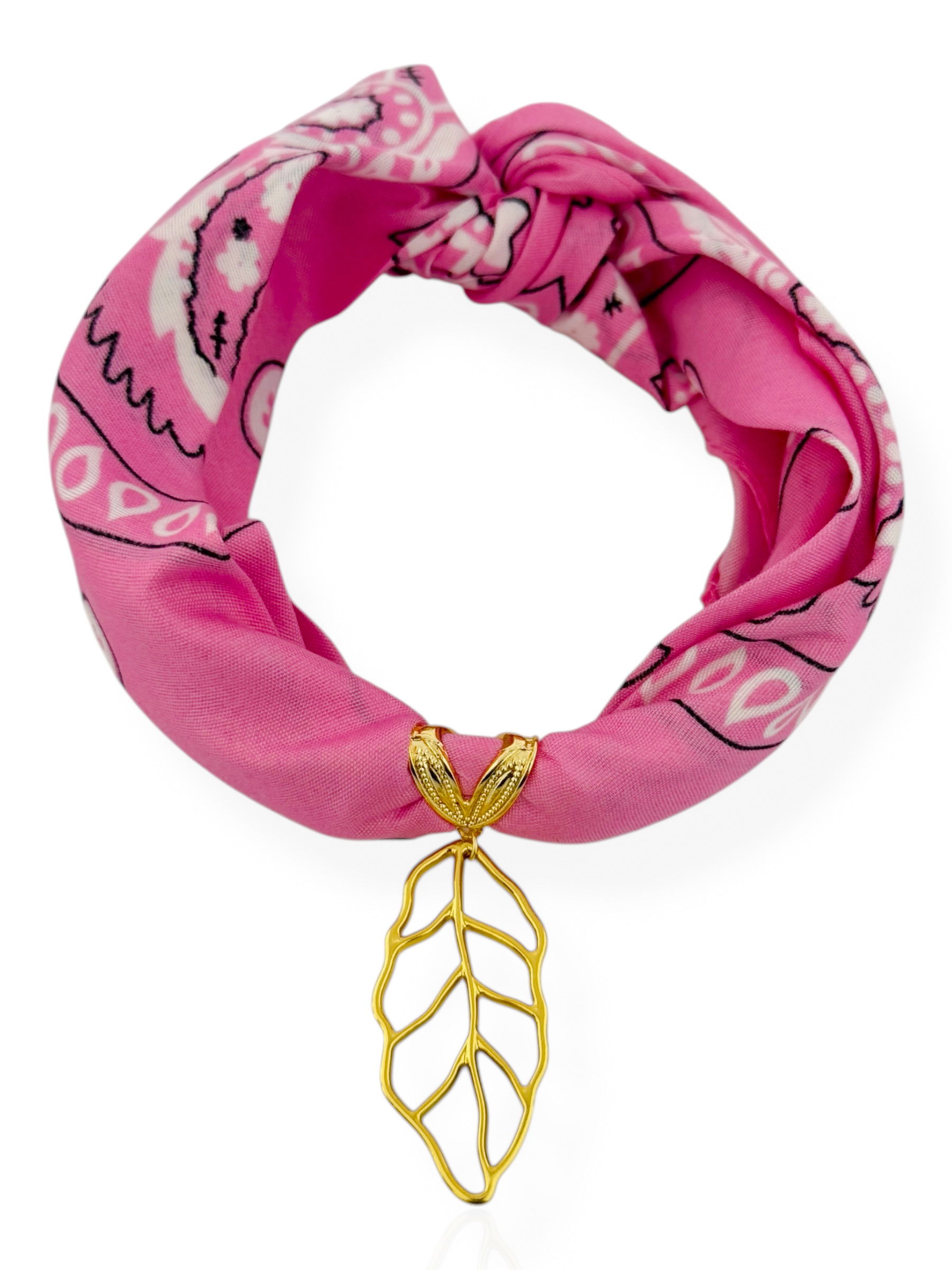 Lenço Rosa, Com Pingente Folha Vazado