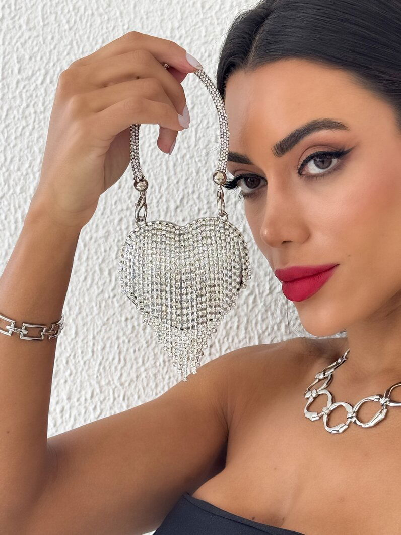 Mini Bolsa Formato de Coração Com Franja-Prata