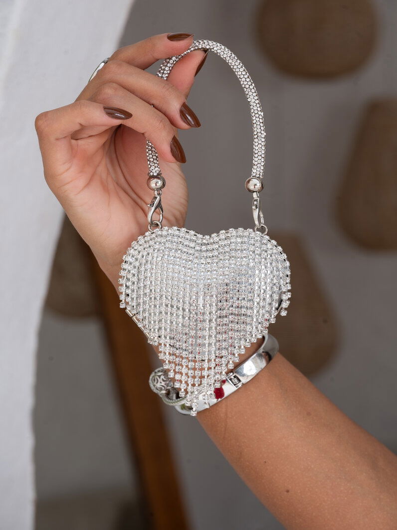 Mini Bolsa Formato de Coração Com Franja-Prata