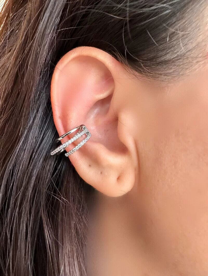 Piercing Fake Folheado a Ouro 18k e Prata 925 Três Fios com Micro Zircônias