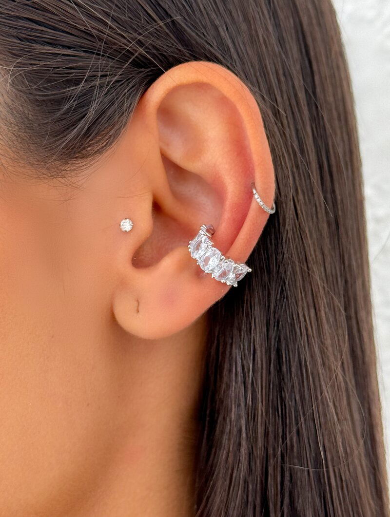 Piercing Fake Folheado a Ouro 18k e Prata Argola com Zircônias Ovais