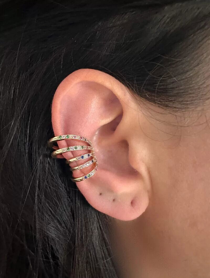 Piercing Fake Folheado a Ouro 18k e Prata Cinco Fios Cravejados