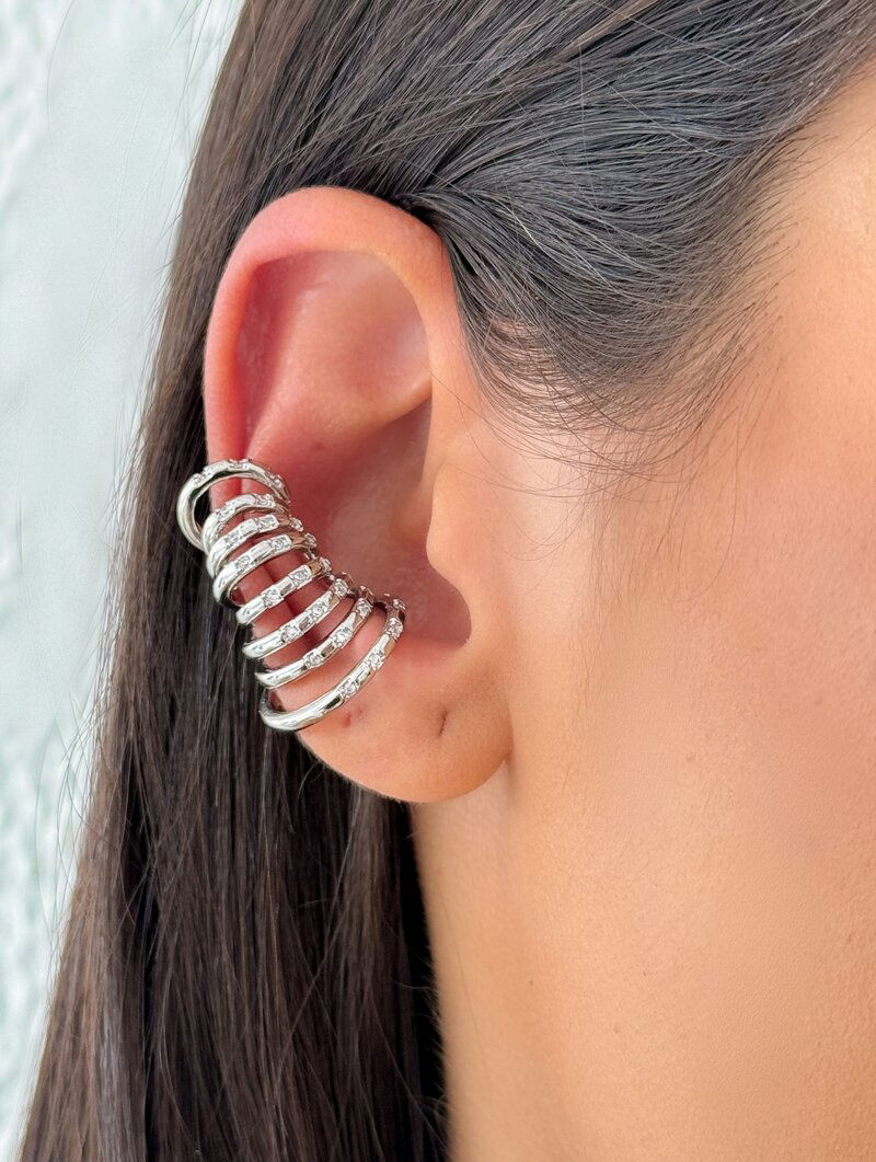 Piercing Fake Folheado a Ouro 18k e Prata Ear Cuff Oito Fios