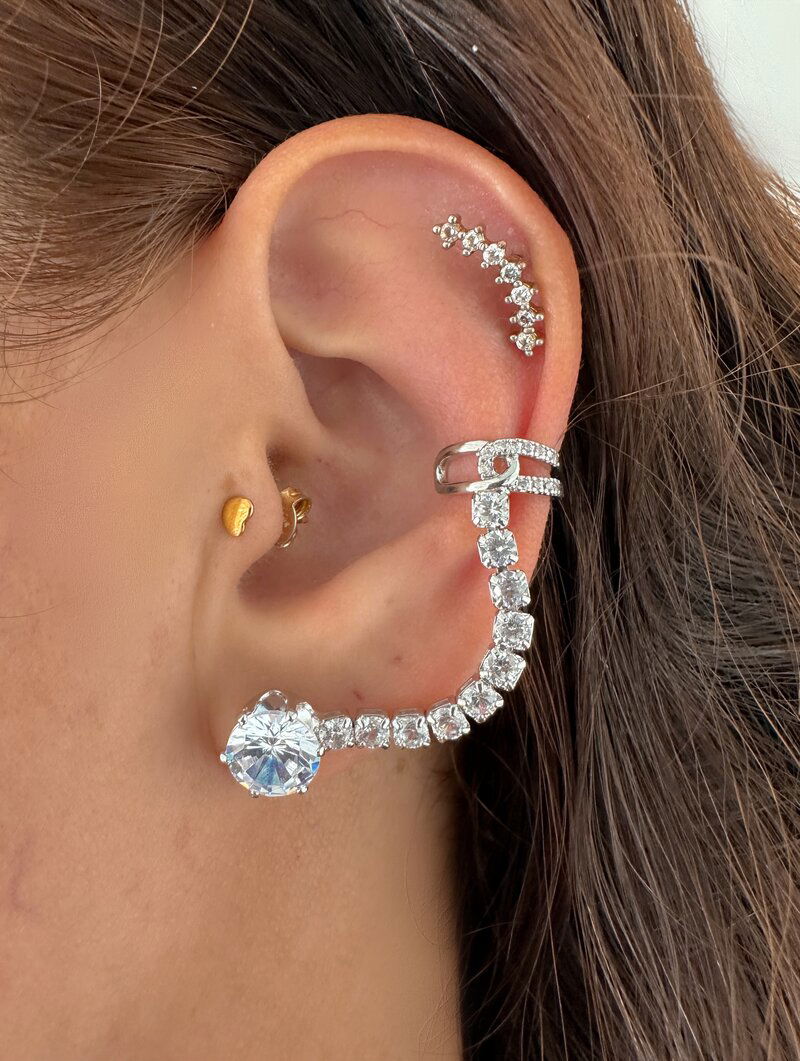 Piercing Fake Folheado a Ouro 18k e Prata Ponto de Luz com com Zircônias