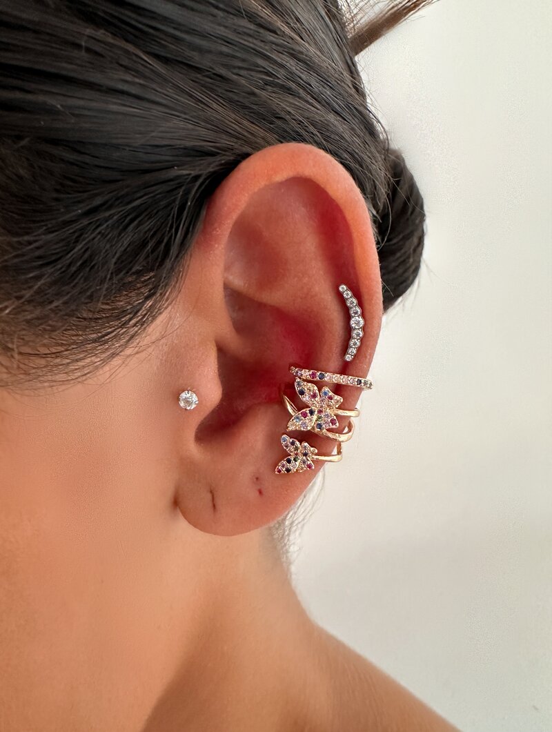 Piercing Fake Folheado a Ouro 18k e Prata Quatro Fios com Borboletas