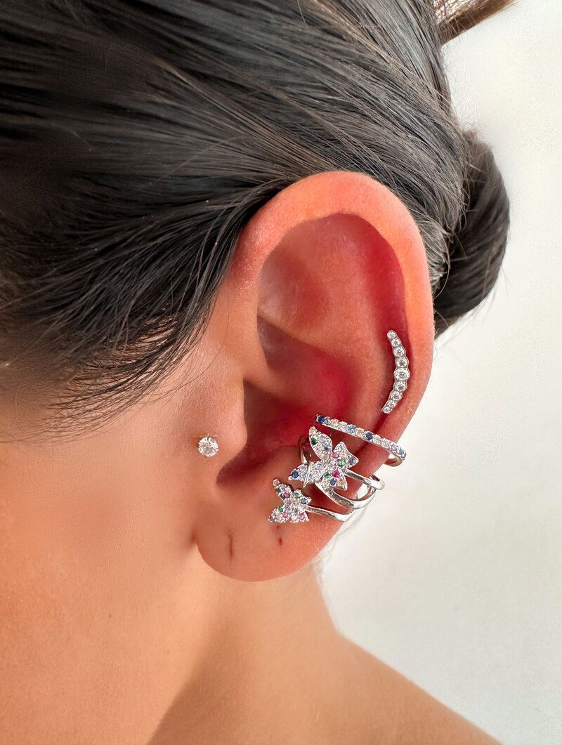 Piercing Fake Folheado a Ouro 18k e Prata Quatro Fios com Borboletas