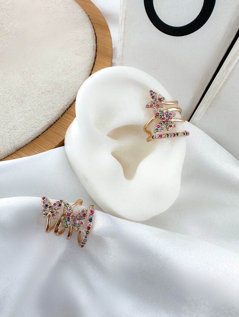 Piercing Fake Folheado a Ouro 18k e Prata Quatro Fios com Borboletas
