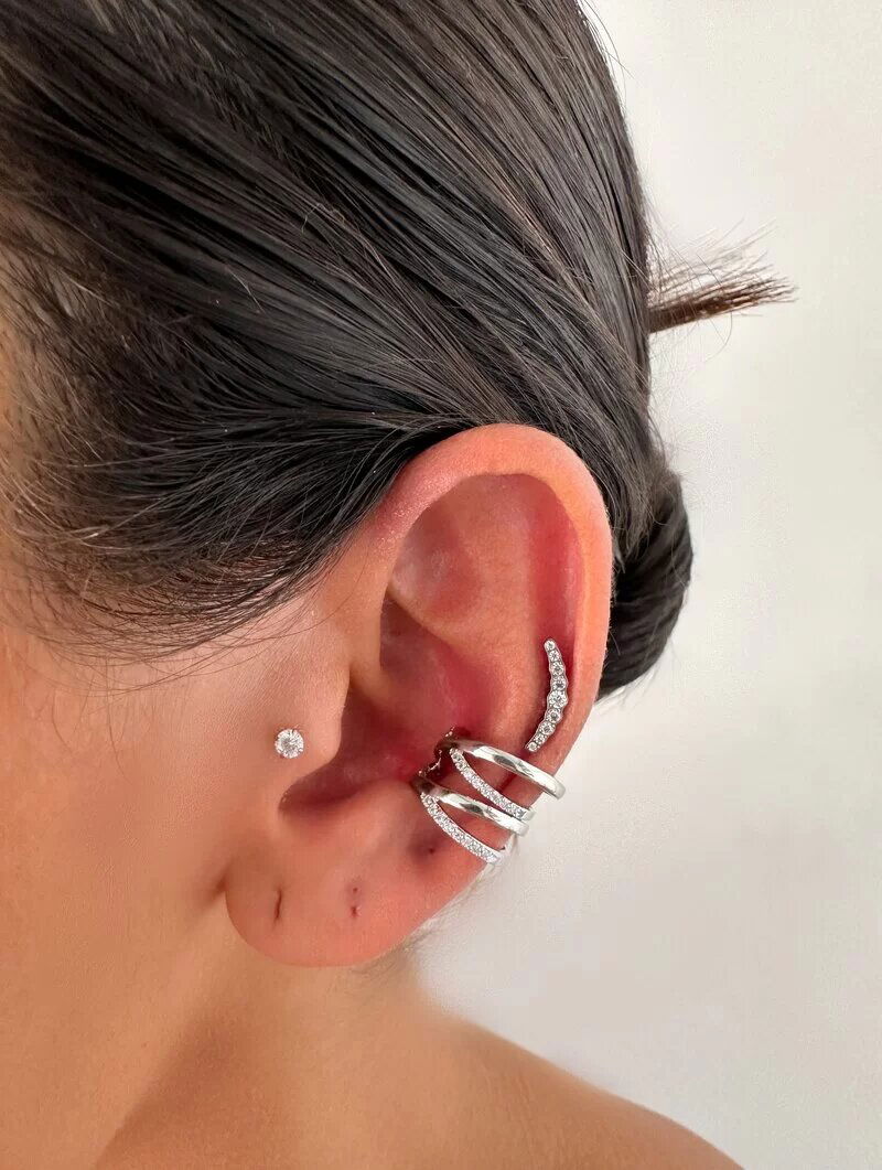 Piercing Fake Folheado a Ouro 18k e Prata Quatro Fios com Detalhes em Micro Zircônias