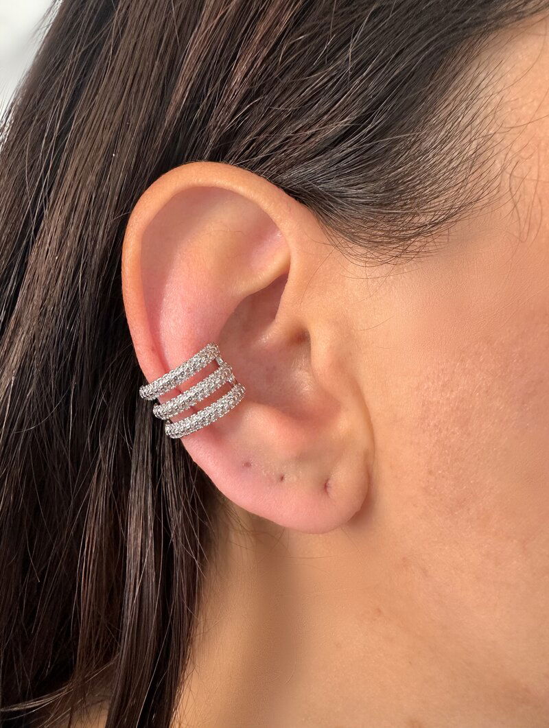 Piercing Fake Folheado a Ouro 18k e Prata Três Fios Cravejados com Micro Zircônias