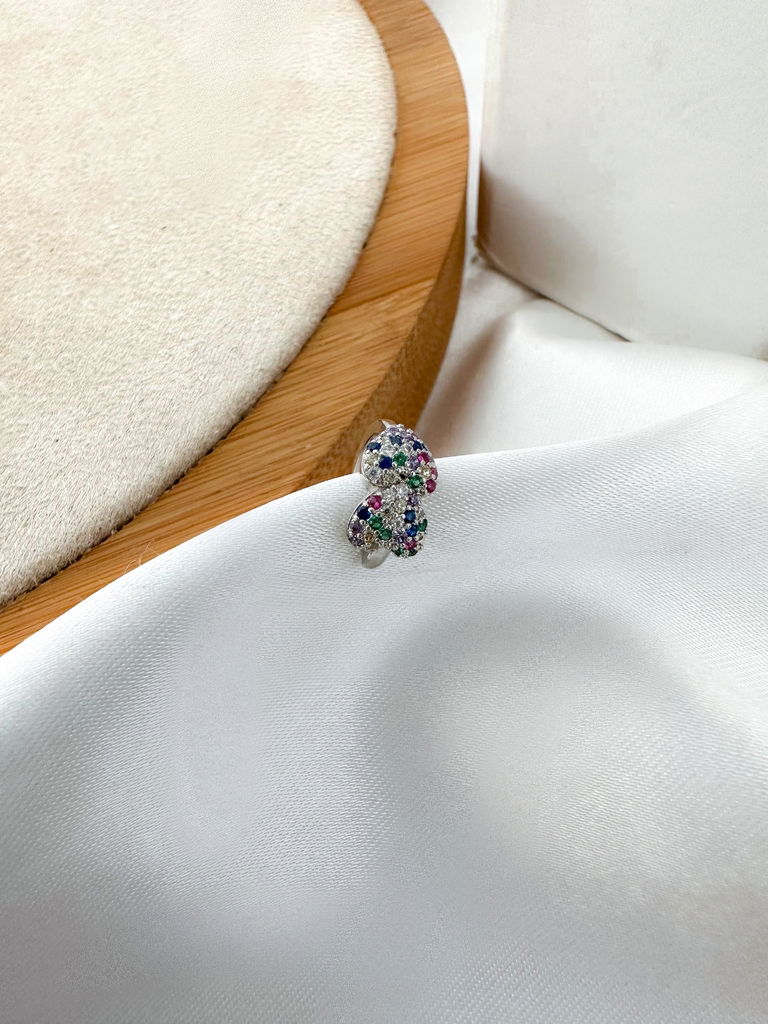 piercing fake folheado a prata coração duplo com zircônias coloridas