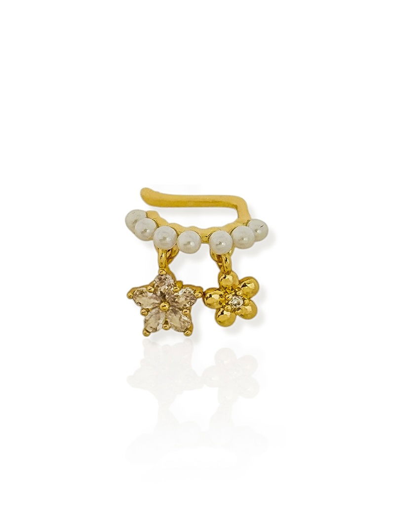 Piercing Folheado a Ouro 18k e Prata Flores Cravejadas e Arco de Perolas