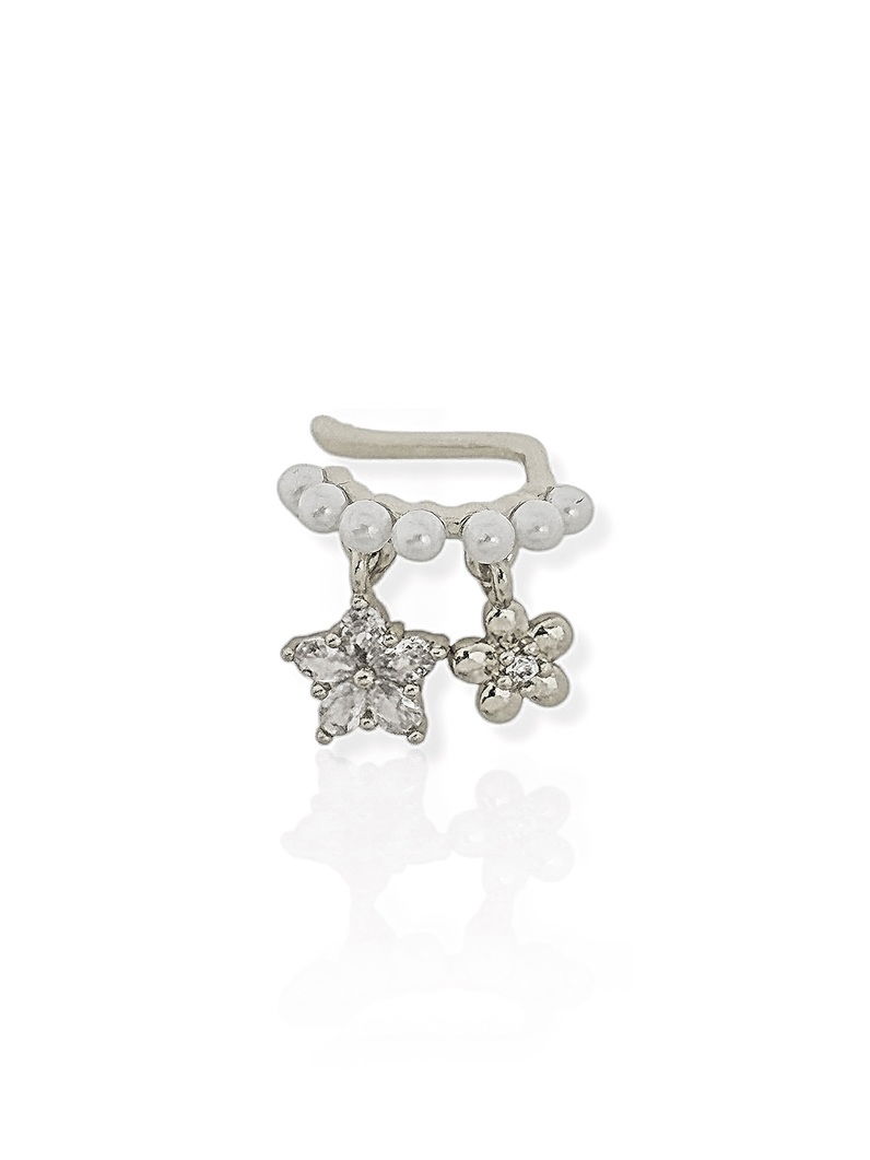 Piercing Folheado a Ouro 18k e Prata Flores Cravejadas e Arco de Perolas