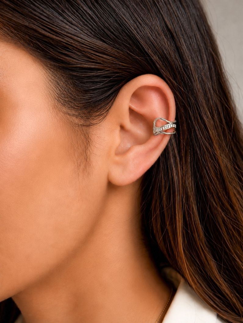 Piercing Folheado a Ouro 18k e Prata Ondulado Com Fios e Navetes