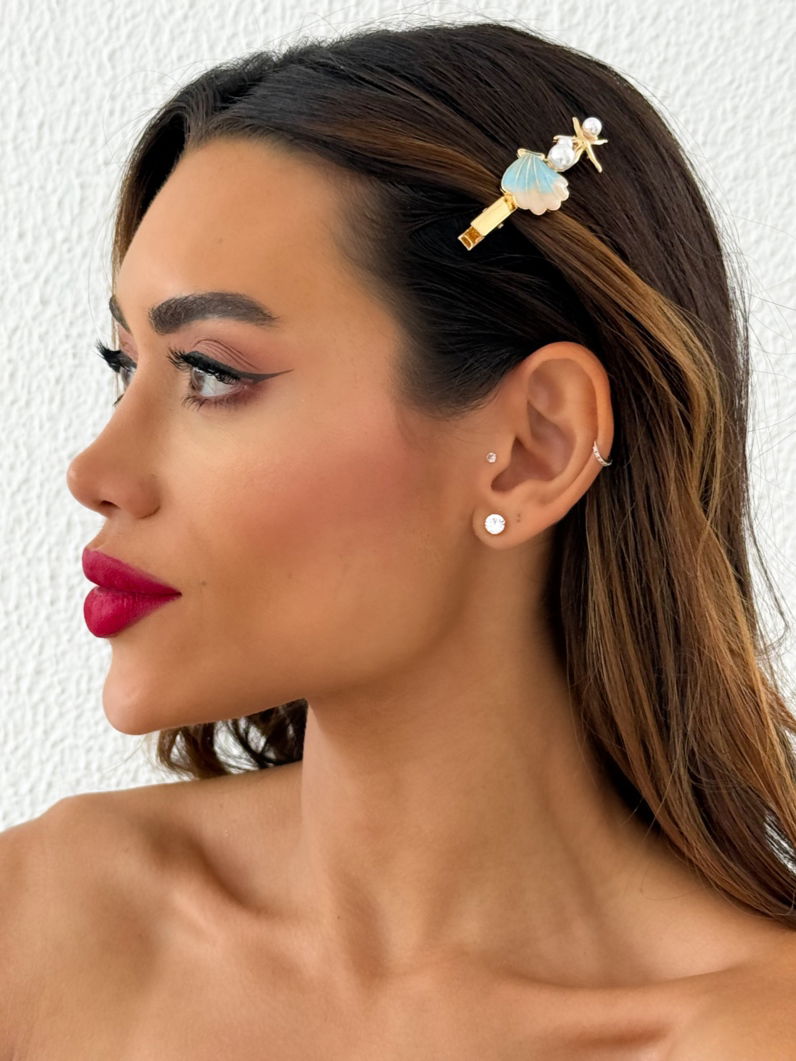 Presilha Folheada a Ouro 18k Resinada Design Estrela do Mar e Conchas