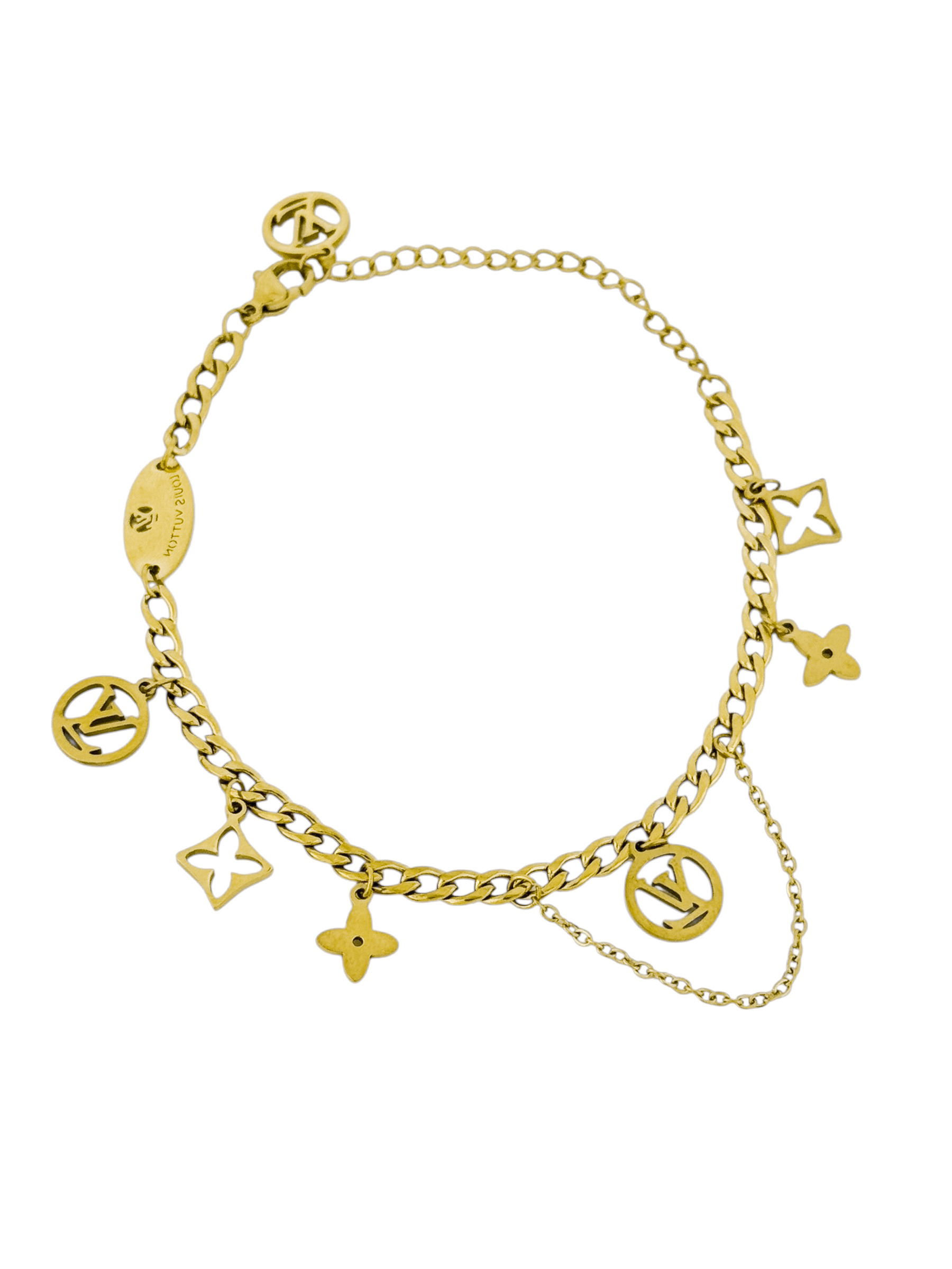 Pulseira Aço Inoxidável Folheada a Ouro 18k Elo Grumet e Pingentes Inspiração Grandes Marcas