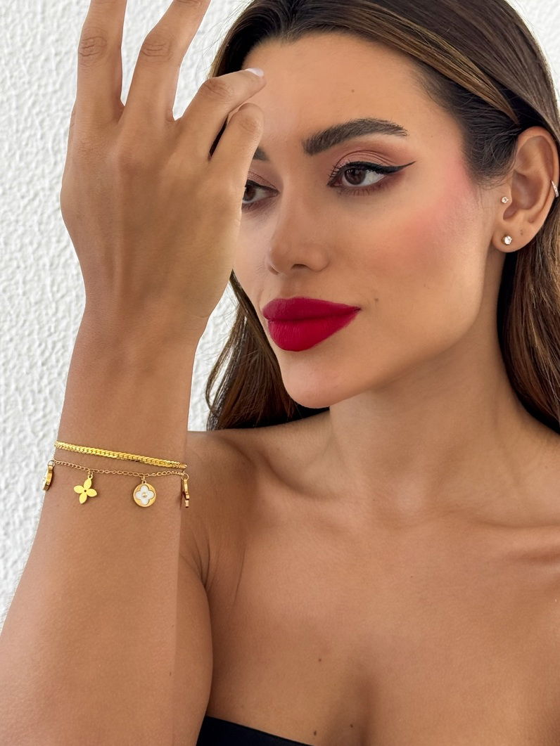 Pulseira de Aço Inoxidável Folheado a Ouro 18k Inspiração Vg. Resinada Duplo Fita