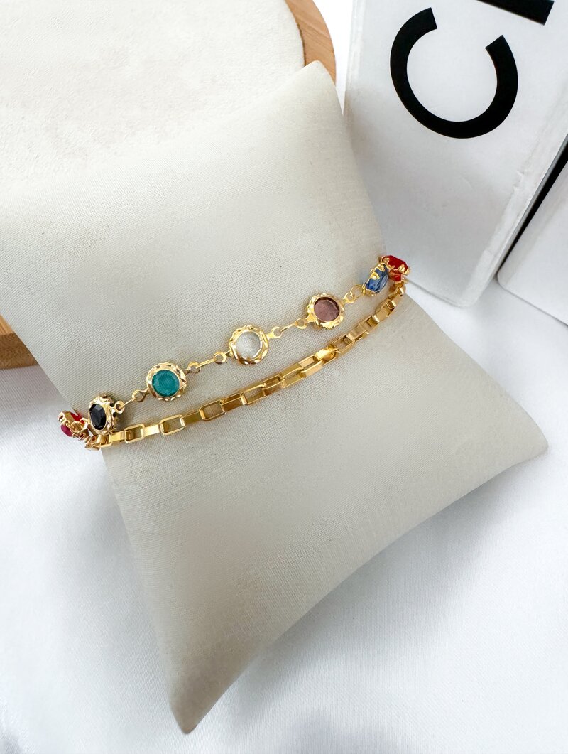 Pulseira Dois Fios Folheada a Ouro 18k e Prata 925 Elos Quadrados com Zircônias Coloridas