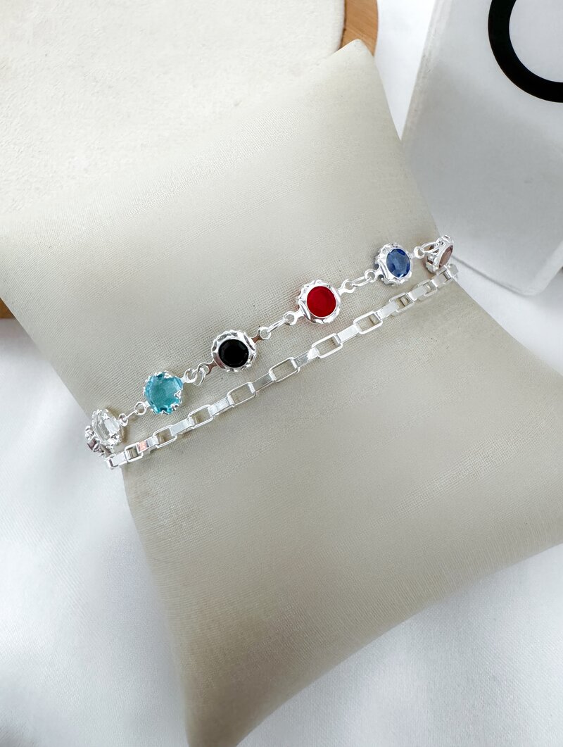 Pulseira Dois Fios Folheada a Ouro 18k e Prata 925 Elos Quadrados com Zircônias Coloridas