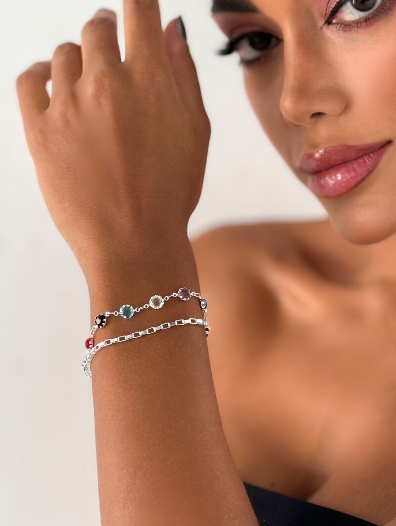 Pulseira Dois Fios Folheada a Ouro 18k e Prata 925 Elos Quadrados com Zircônias Coloridas