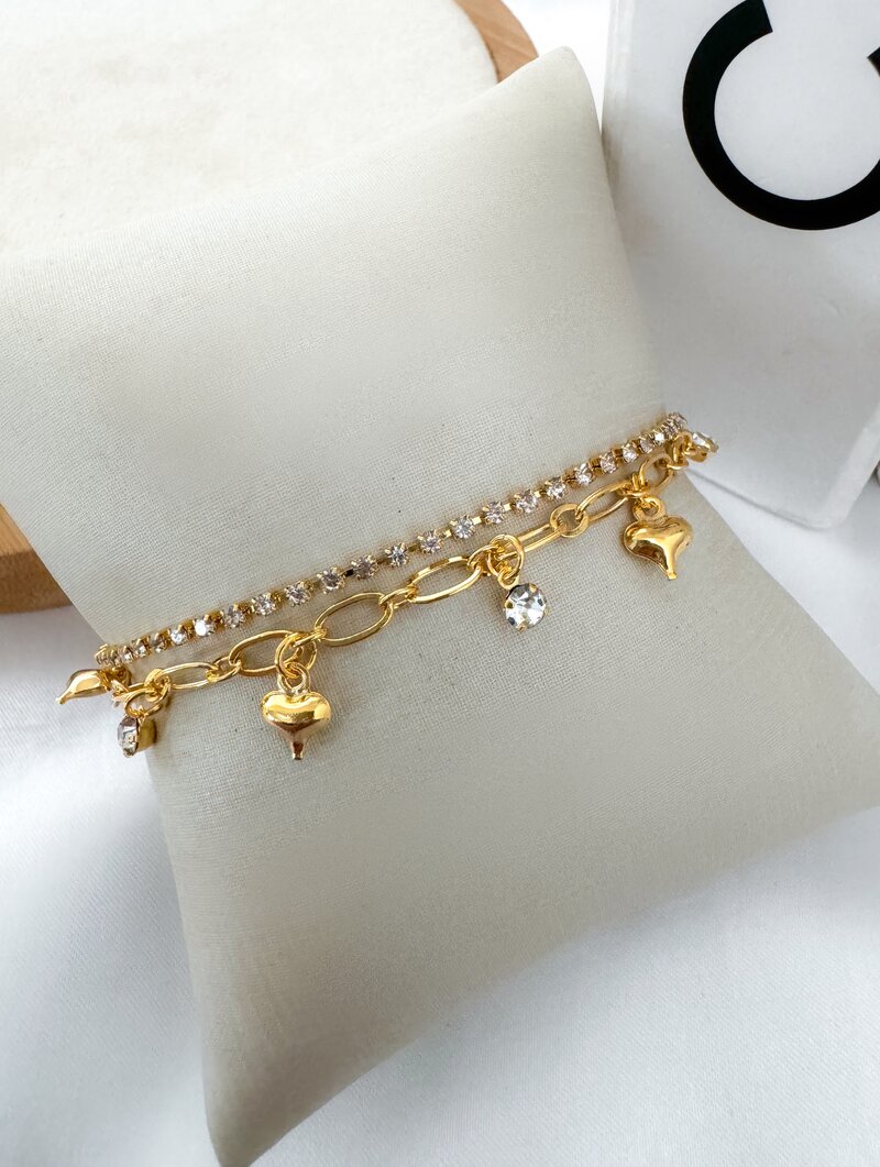 Pulseira Dois Fios Folheada a Ouro 18k Fio de Micro Zircônia com Elos e Corações