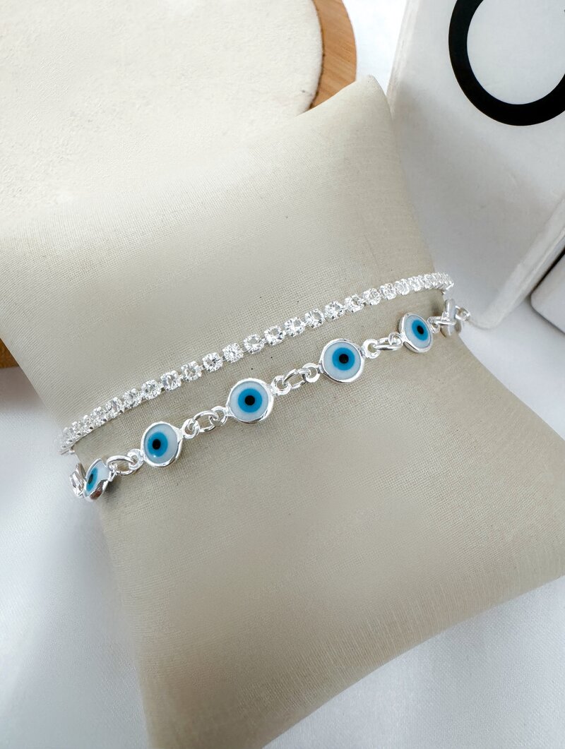 Pulseira Dois Fios Folheada a Prata 925 Micro Zircônias e Olho Grego